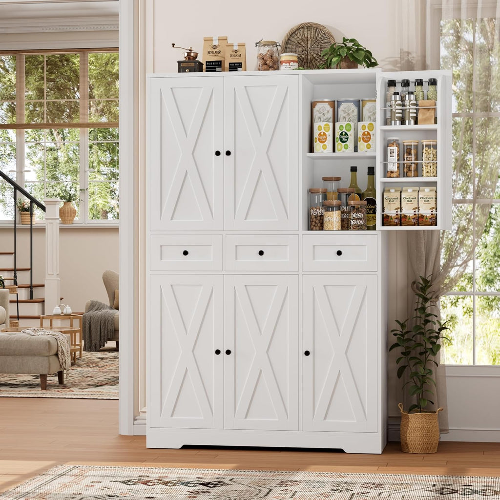 HOSTACK Modern Farmhouse Kitchen Pantry Storage Cabinet, 67" H Kitchen Pantry Cabinet with Barn Doors and Shelves, Freestanding Food Storage Cabinets with Drawers for Dining Room, Living Room, White