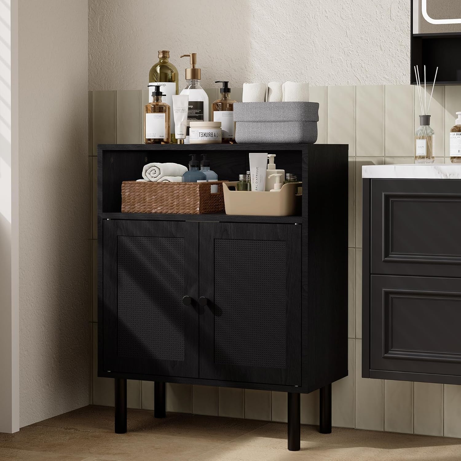 Rattan Storage Cabinet, Boho Accent Cabinet with Double Doors, Small Freestanding Sideboard for Hallway, Laundry Room,Kitchen, Dining Room, Entryway (Black)