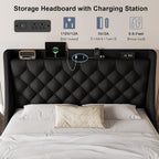 Queen Size Upholstered Platform Bed Frame with 4 Storage Drawers and Charging Station, Linen Button Tufted Wingback Headboard, Sturdy Wooden Support Slats, No Box Spring Needed, Black