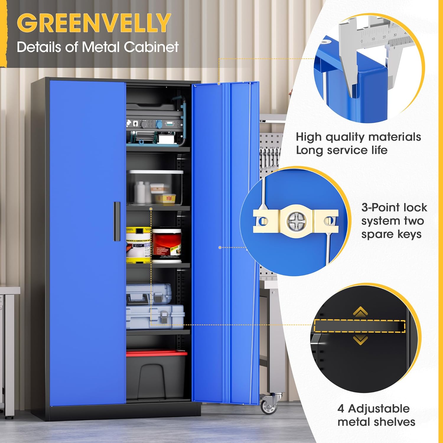 Greenvelly Metal Storage Cabinet, Steel Garage Cabinet with Doors and Adjustable Shelves, Metal Cabinet with Lock,Tall Metal Office Storage Cabinet for Garage,Home Office,School (Black Blue)