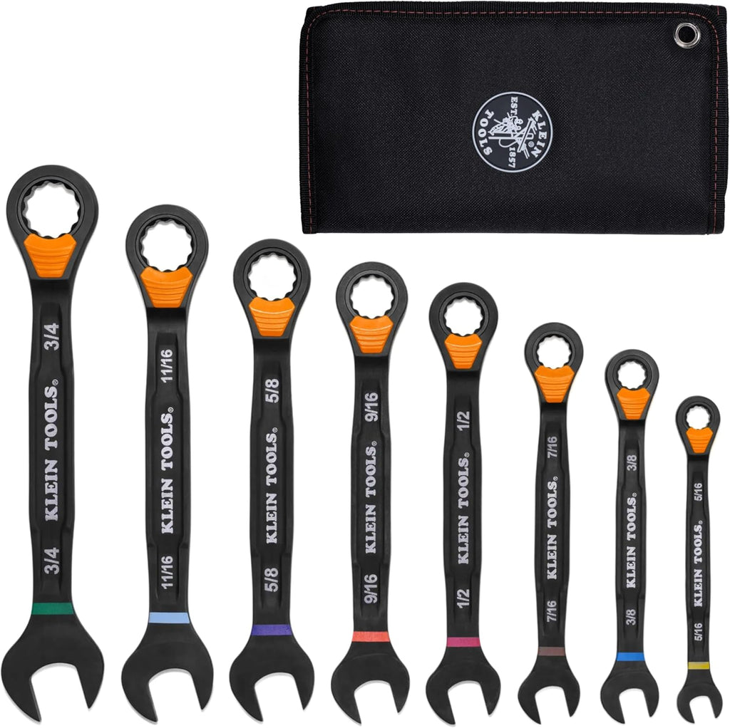 KLEIN TOOLS 69508 SAE Ratcheting Combination Wrench Set, 8-Piece, Slide-Lock 90-Tooth Ratchet, I-Beam Handle, Color-Coded Size Markings, Roll Pouch Storage