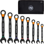 KLEIN TOOLS 69508 SAE Ratcheting Combination Wrench Set, 8-Piece, Slide-Lock 90-Tooth Ratchet, I-Beam Handle, Color-Coded Size Markings, Roll Pouch Storage