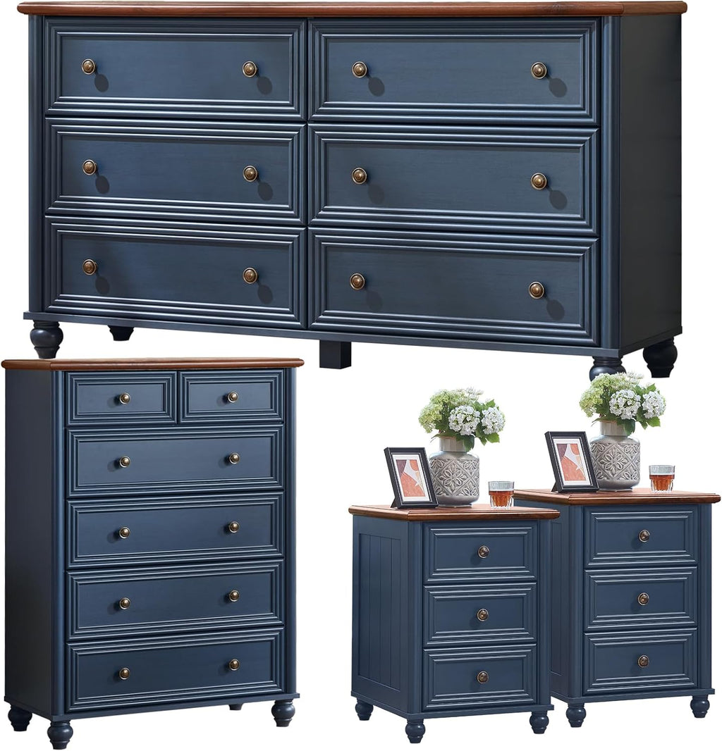 Farmhouse Dresser and Nightstand Sets 4 Piece, Wooden 6 Drawers Dresser & 43.5" Tall Chest of Drawers, 18" Roman Column Nightstand Set of 2, Furniture Dressers for Bedroom, Living Room