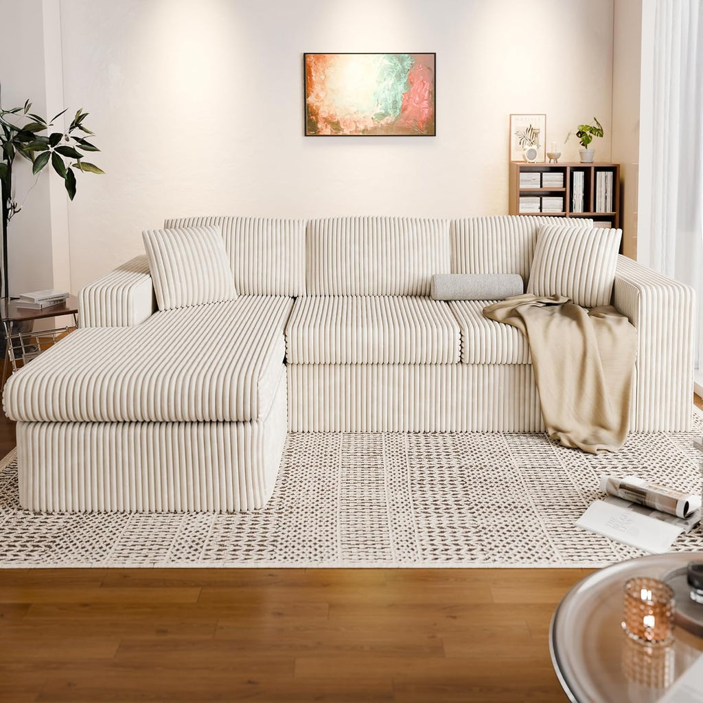 Vongrasig 105" Boneless Couches for Living Room, Sectional Couches Modular Sofa with L-Shaped Chaise, Memory Foam Comfy Cloud Couch with Plush Corduroy Fabric, No Assembly Required, Beige