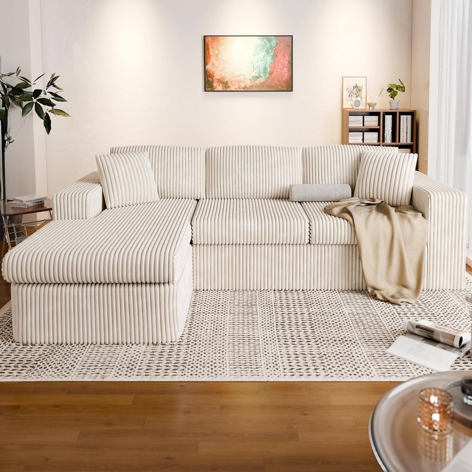 Vongrasig 105" Boneless Couches for Living Room, Sectional Couches Modular Sofa with L-Shaped Chaise, Memory Foam Comfy Cloud Couch with Plush Corduroy Fabric, No Assembly Required, Beige