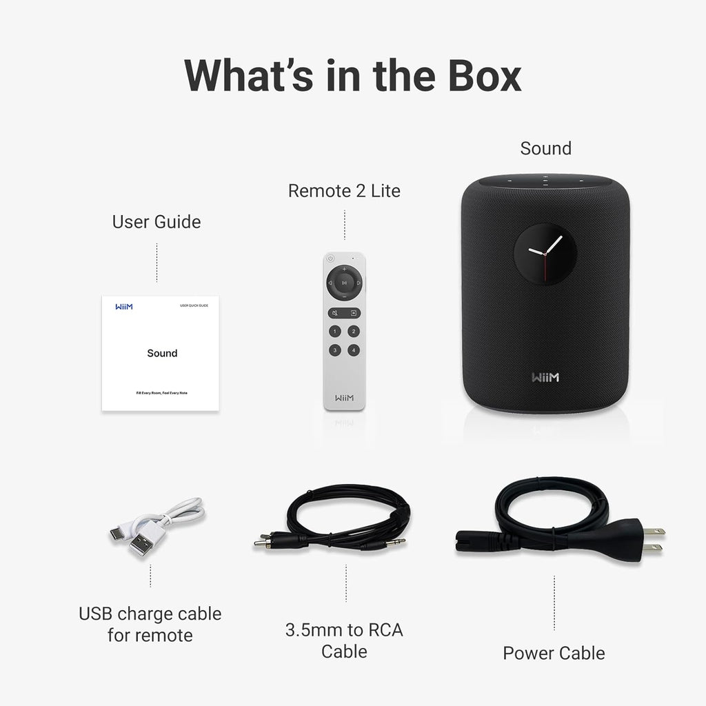 WiiM Sound Smart Speaker with 1.8″ Touch Display  Hi‑Res 24‑bit/192 kHz  AI RoomFit™ Room Correction  100W Peak  Wi‑Fi 6E/Bluetooth 5.3  Multi‑Room & Stereo Pairing  Remote Included  Black