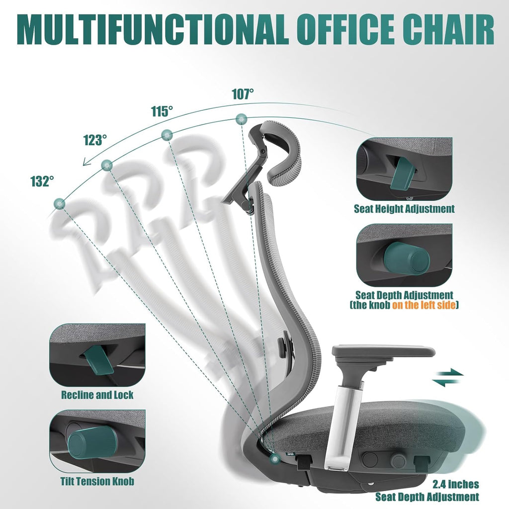 COLAMY Ergonomic Mesh Office Chair, High Back Office Chair, Computer Executive Desk Chair with Lumbar Support,Adjustable Headrest and 4D Arms, Slide Seat, Tilt Lock-Darkgrey New