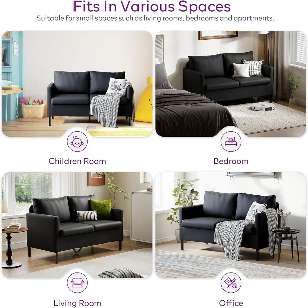 TYBOATLE Faux Leather Modern Small Couches for Small Spaces, Comfy Upholstered Love Seat for Bedroom, 2 Seater Mini Couch for Apartment, Dorm, Office, Black