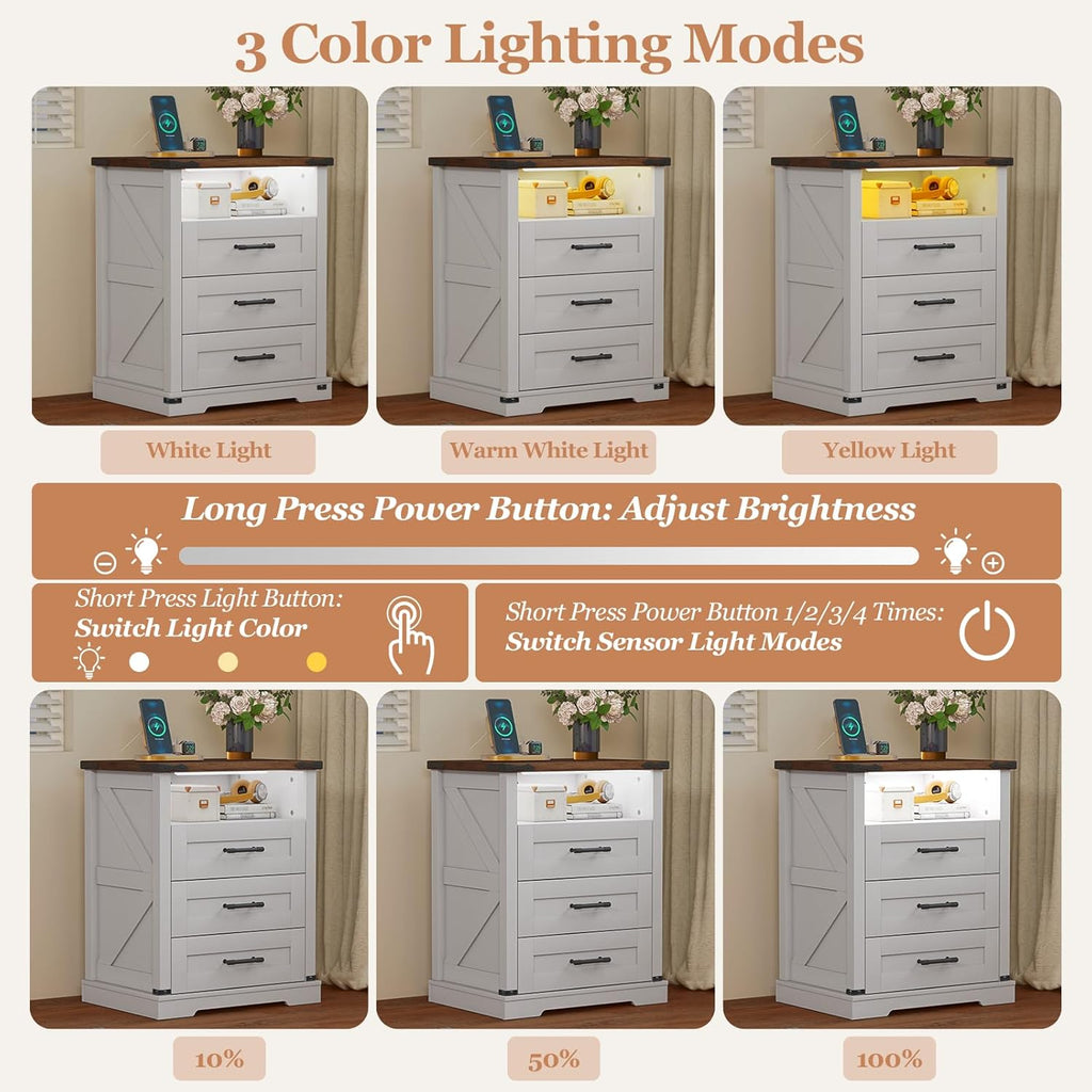 Turosur Night Stand with Charging Station 22" Large Farmhouse Nightstands with 3 Drawers and Open Storage Smart Bedside Table with Human Sensor LED Light End Tables for Bedroom White