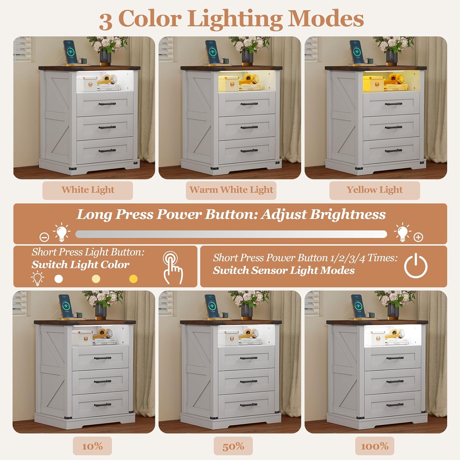 Turosur Night Stand with Charging Station 22" Large Farmhouse Nightstands with 3 Drawers and Open Storage Smart Bedside Table with Human Sensor LED Light End Tables for Bedroom White