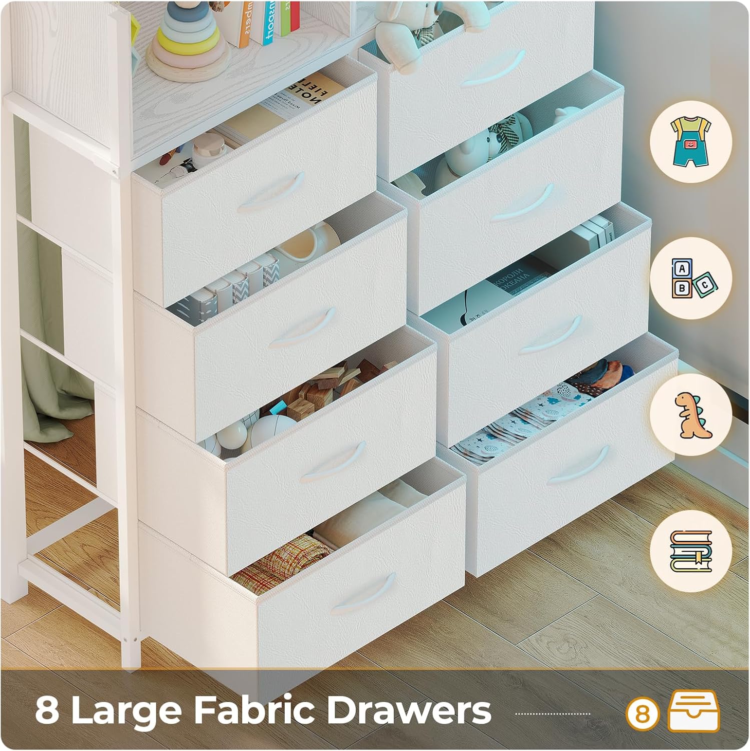 ADORNEVE Twin Size Loft Bed with Desk and 8 Storage Drawers, Metal Kids Loft Bed Twin with LED Lights & Charging Sation, Storage Shelves, 13.1" H Safety Guard & Ladder, No Box Spring Needed, White