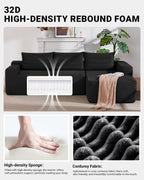 96 Inch Cloud Sectional Couch,Modern Modular Sectional Sofa with Deep Seat,Corduroy Boneless Couches with L-Shape Chaise for Living Room Bedroom,No Assembly Required (Black, Right Facing Chaise)