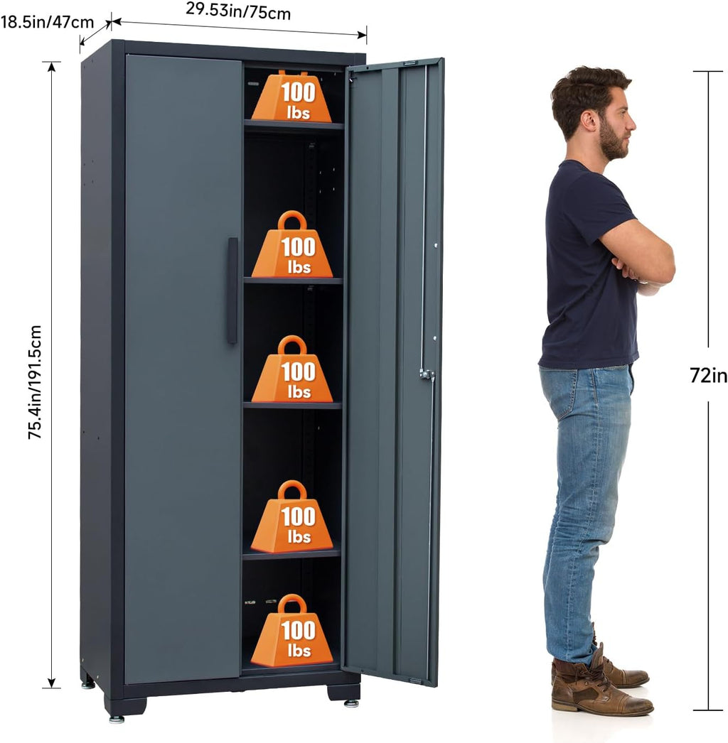 Metal Garage Storage Cabinet with 4 Adjustable Shelves and Locking Doors 75-inch Tall Tool Organizer Steel Lockers for Home, Office, Warehouse, Garage, 1Pc (Assembly Required)