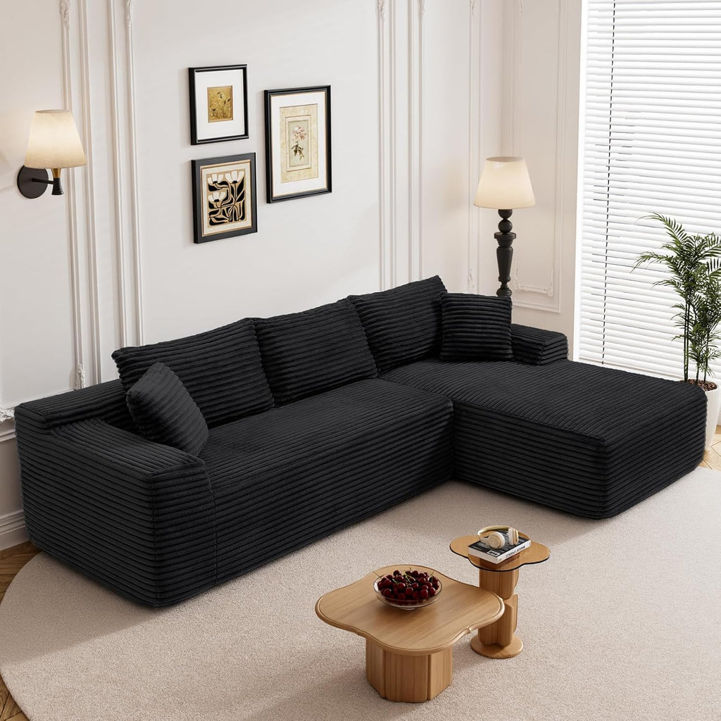 95" Boneless Cloud Sectional Couches for Living Room, Comfy Fluffy L Shaped Deep Seat Memory Foam Boneless Couch, Modular Sectional Sofas with Right Facing Chaise, Black