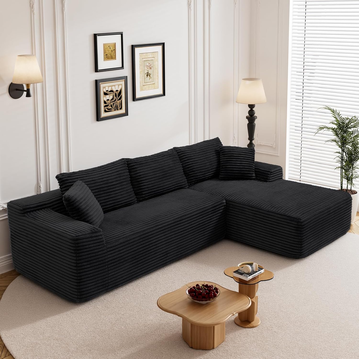 95" Boneless Cloud Sectional Couches for Living Room, Comfy Fluffy L Shaped Deep Seat Memory Foam Boneless Couch, Modular Sectional Sofas with Right Facing Chaise, Black