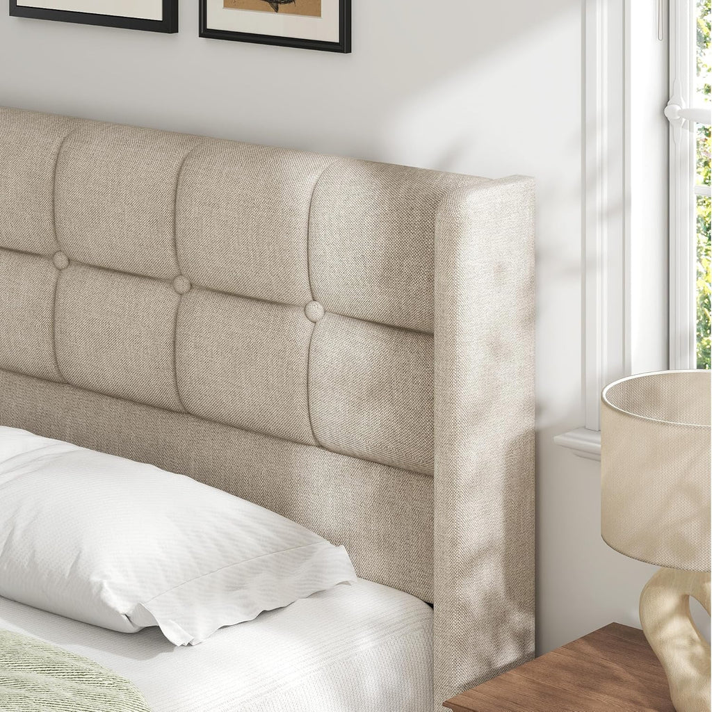 Lifezone King Size Lift Up Storage Bed Frame, Linen Upholstered King Platform with Button Tufted Wingback Headboard and Under-Bed Storage, Hydraulic Support, No Box Spring Needed, Noise Free, Beige