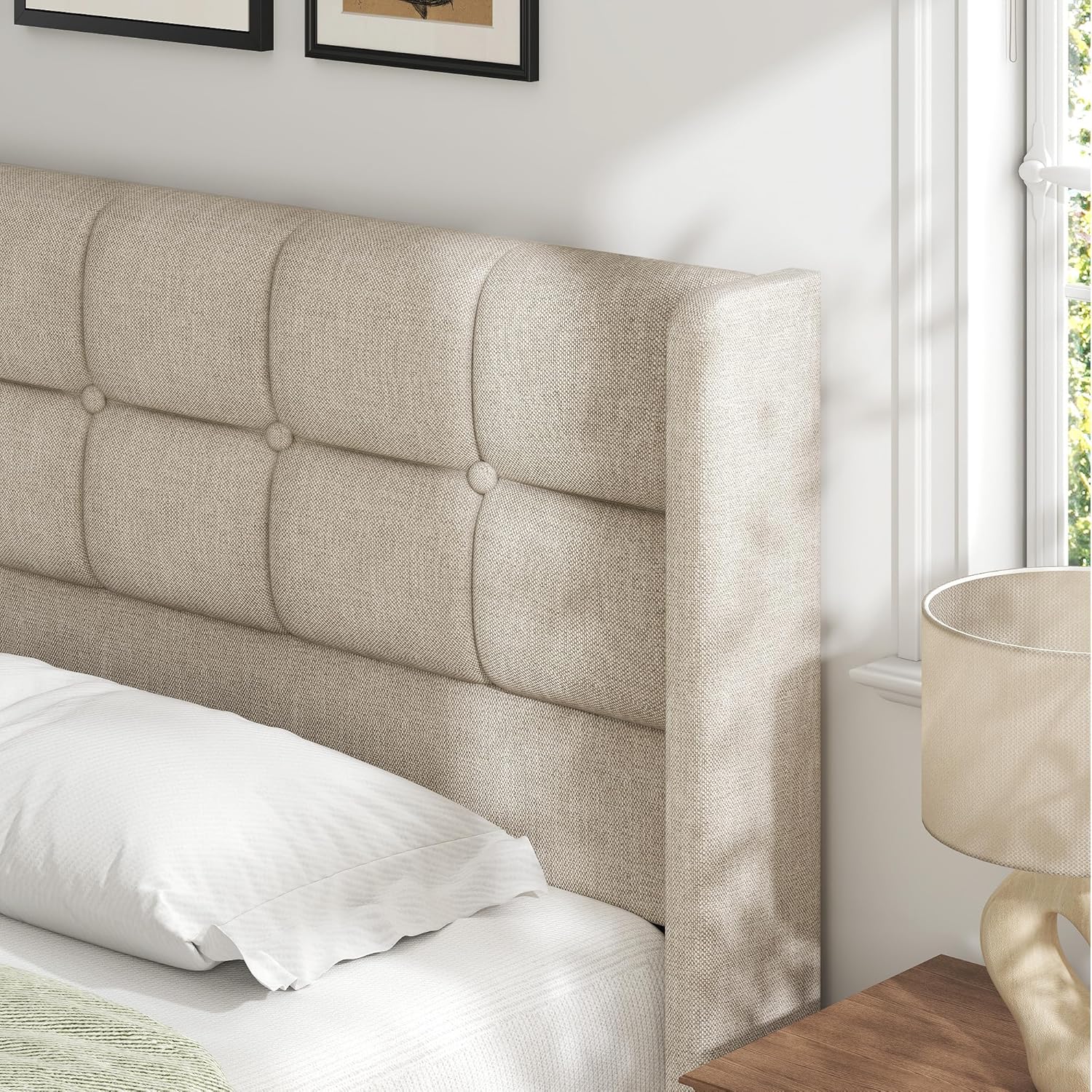 Lifezone King Size Lift Up Storage Bed Frame, Linen Upholstered King Platform with Button Tufted Wingback Headboard and Under-Bed Storage, Hydraulic Support, No Box Spring Needed, Noise Free, Beige