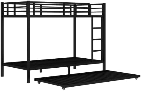 Metal Bunk Bed Twin XL over Twin XL with Trundle for 3 Kids/Teens/Adults, Heavy-duty Metal Bunk Bed Frame with Ladder & Safety Guardrail, Space-saving Design for Bedroom/Kidsroom/Dorm, Black