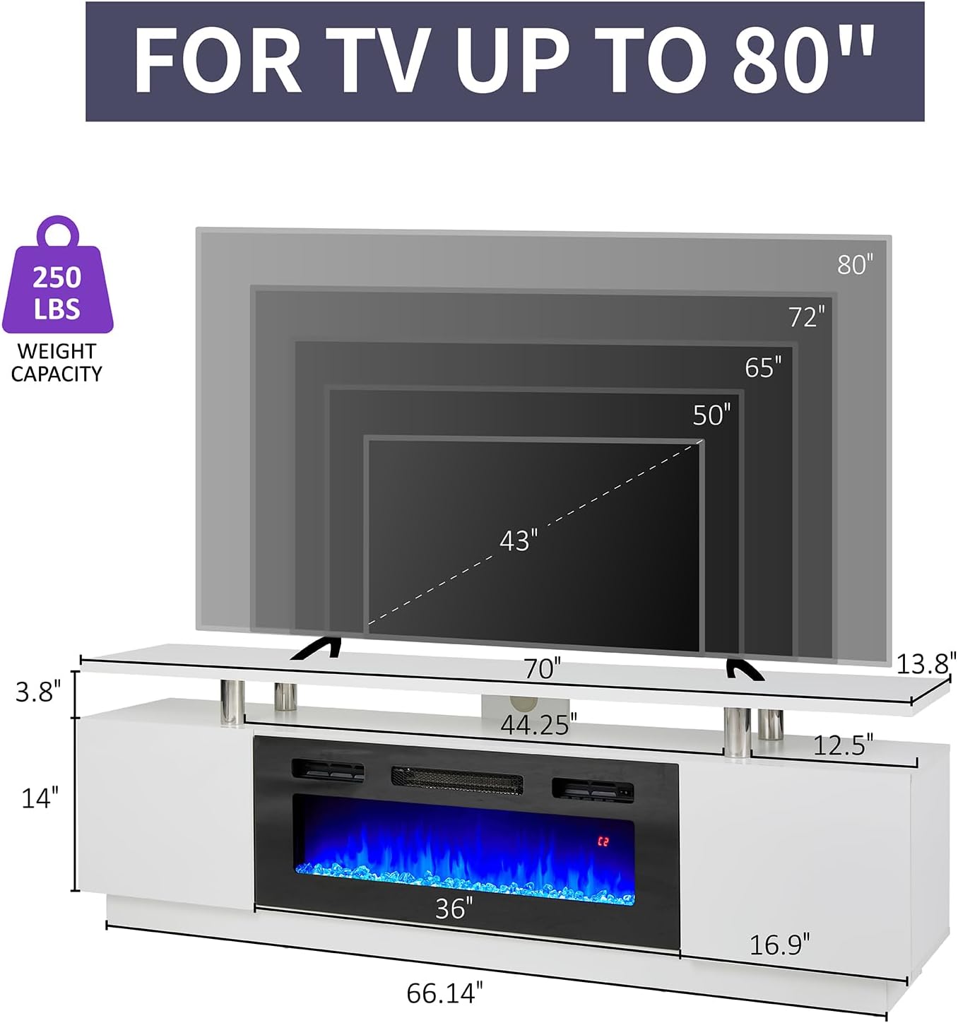 Modern Fireplace TV Stand with 36" Electric Fireplace,Finish Media Console with Open Storage, LED Lights Entertainment Center for TVs Up to 80", White