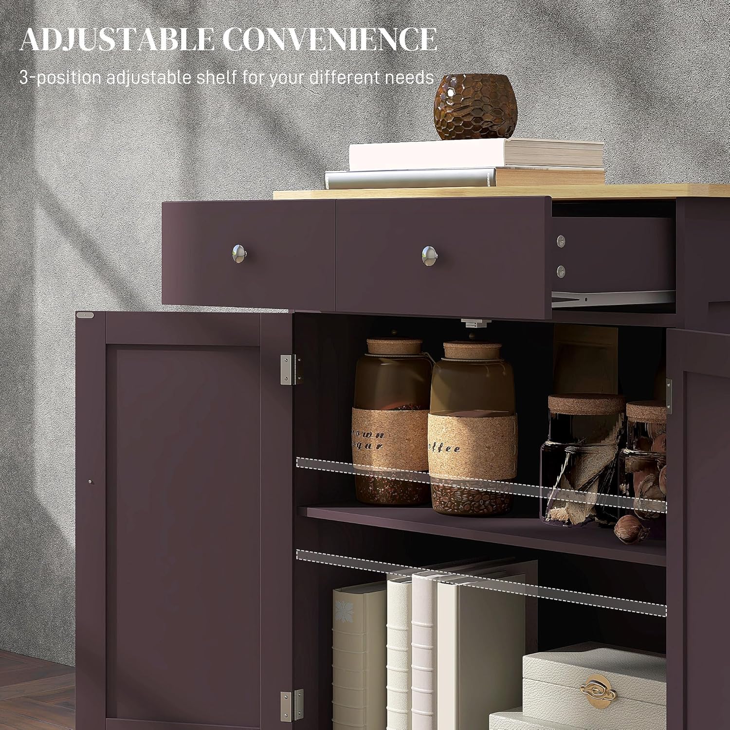 HOMCOM Sideboard Buffet Cabinet with Solid Wood Countertop, Modern Kitchen Storage Cabinet, Coffee Bar Cabinet with 2 Drawers, Doors and Adjustable Shelf, Coffee