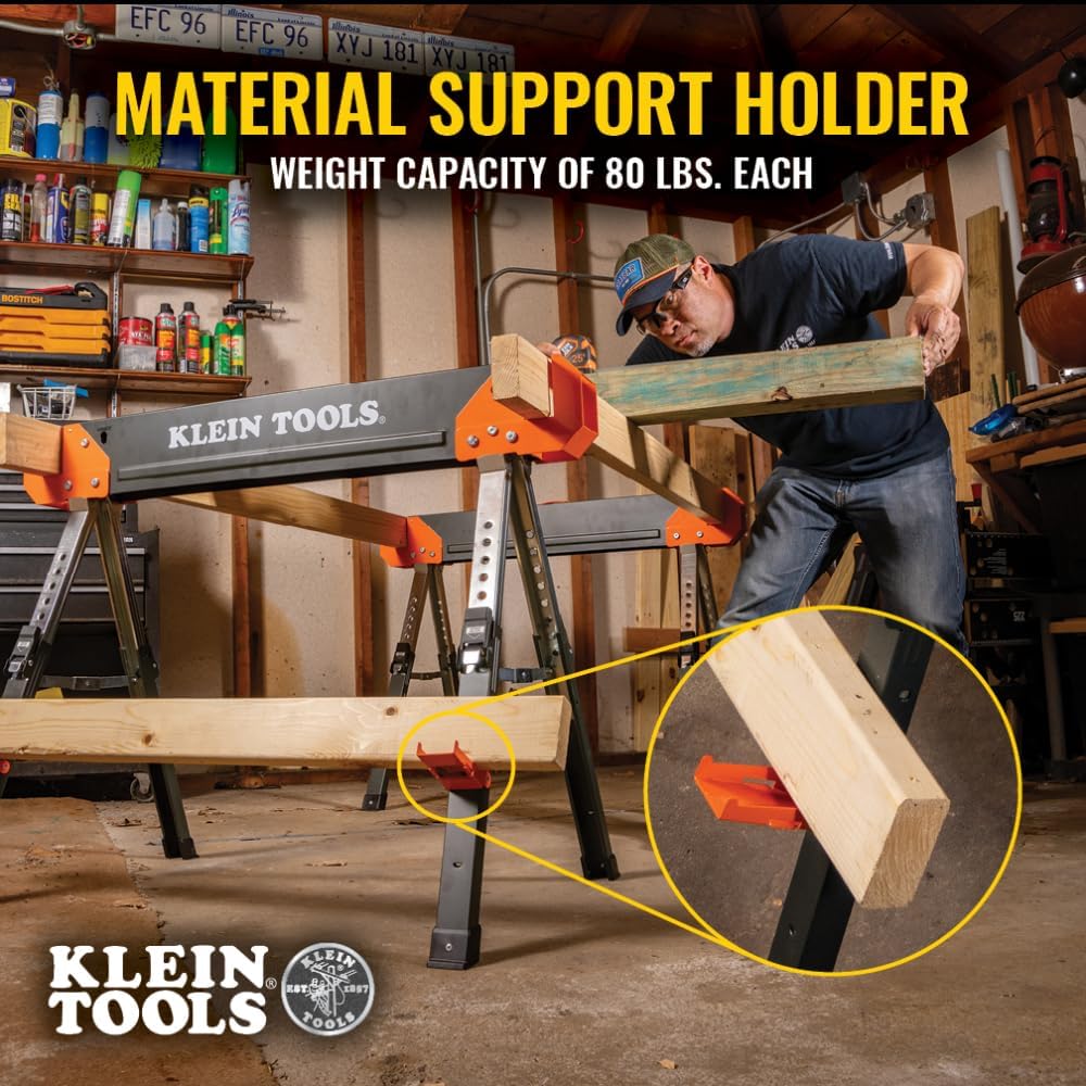 Klein Tools 80178 Folding Saw Horse, Adjustable 26 to 32-Inch Height, 2x4 Support Arms, Heavy Duty Jobsite Table, 2-Pack