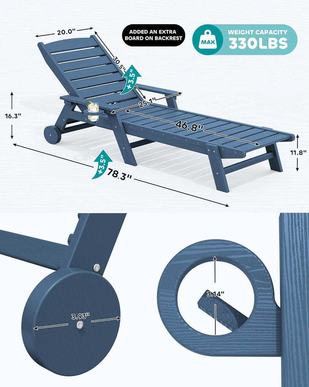 SERWALL Patio Chaise Lounge Chair Set of 2  78'' Long 5-Positions Adjustable HDPE Outdoor Lounger for Pool  Poly Lounge Chair with Rolling Wheels & Cup Holder for Poolside  Deck  Blue