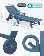 SERWALL Patio Chaise Lounge Chair Set of 2  78'' Long 5-Positions Adjustable HDPE Outdoor Lounger for Pool  Poly Lounge Chair with Rolling Wheels & Cup Holder for Poolside  Deck  Blue