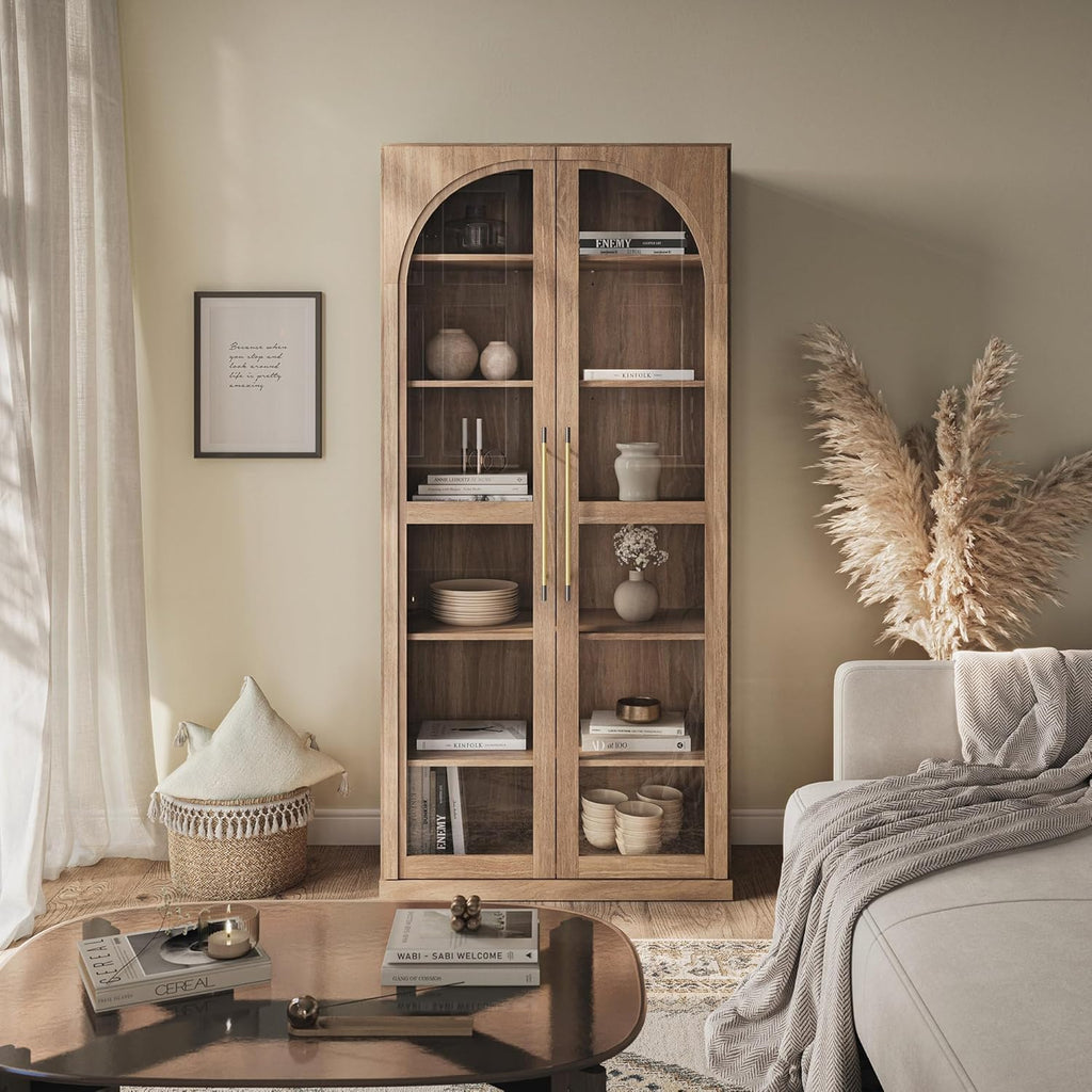 BELLEZE Modern Wood Wine Curio Cabinets with 4 Adjustable Shelves, 67" Storage Cabinet, 6 Shelf Glass Bookshelf Display Cabinet, Trophy Display Case for Living Room, Wine, Camel