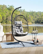 HWB Hanging Egg Chair with Stand, Patio Wicker Egg Swing Chair with Cushion for Bedroom Garden Indoor Outdoor (Grey)