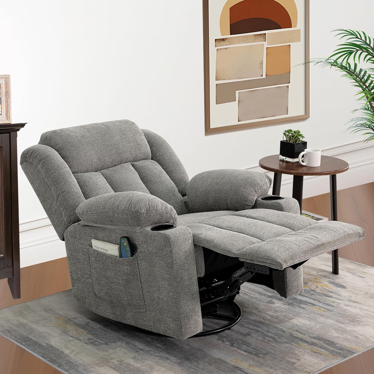 Rocker Swivel Recliner Chair for Adults, Overstuffed Large Manual Recliner Glider with Massage and Heat, Comfy Soft Fabric Living Room Reclining Sofa Chair (Lime Gray)