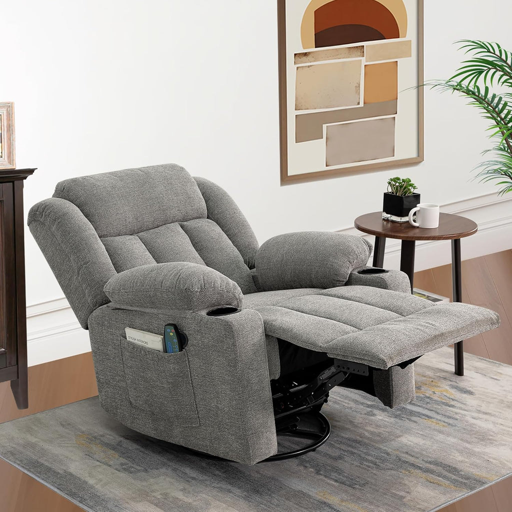 Rocker Swivel Recliner Chair for Adults, Overstuffed Large Manual Recliner Glider with Massage and Heat, Comfy Soft Fabric Living Room Reclining Sofa Chair (Lime Gray)