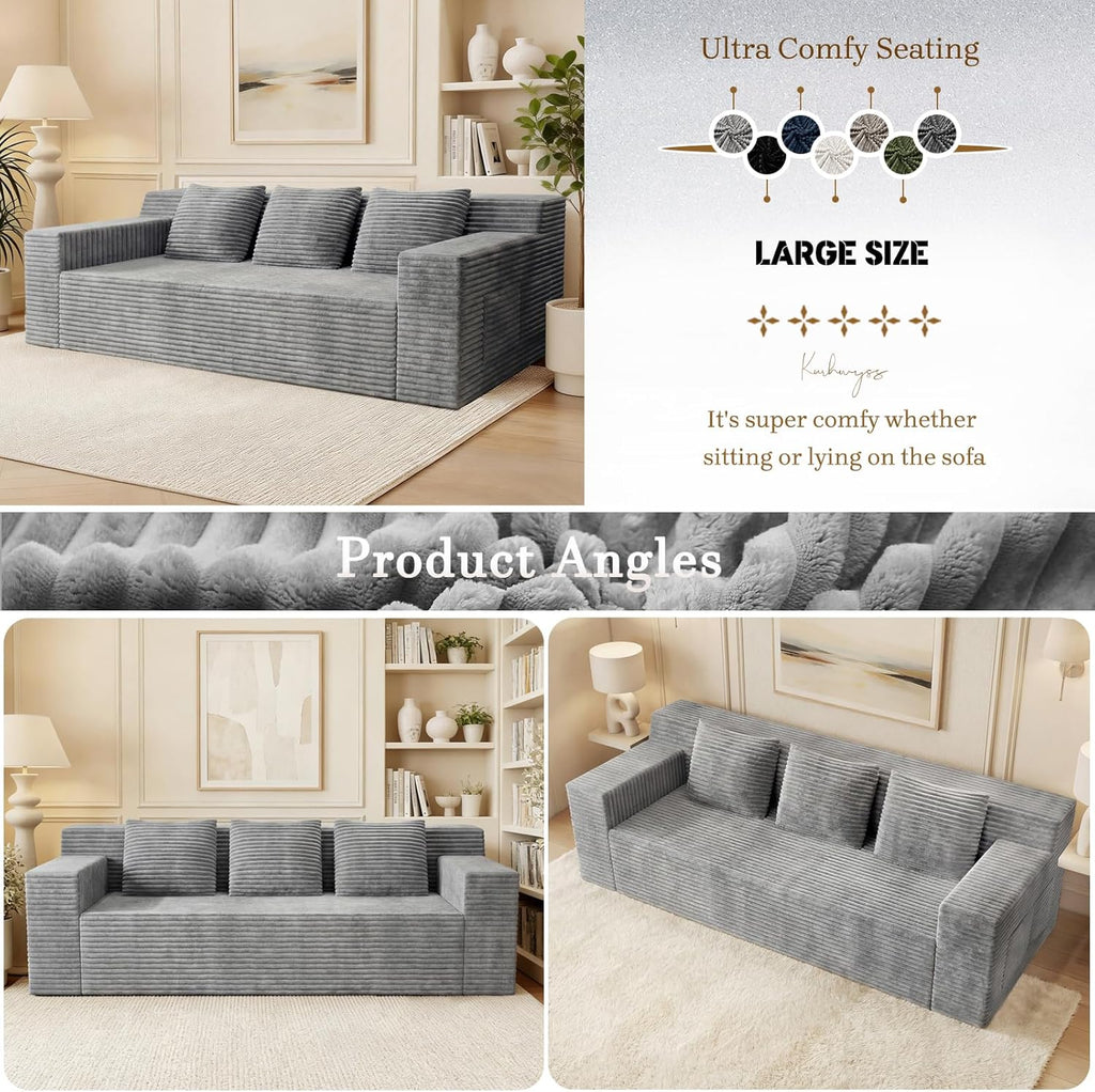 71" Corduroy Living Room Sofa, 3 Setaser Deep Seat Couch with 3 Lumbar Pillows, Comfy Boneless Sofa Modern Compressed Couch for Bedroom, Office, Apartment, No Assembly, Flat Armrests (Light Grey)