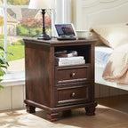 Farmhouse Nightstand Set of 2 with Charging Station, Rustic Brown Nightstand, 2 Drawers End Table, Bedside Table with Open Shelf for Bedroom, Walnut