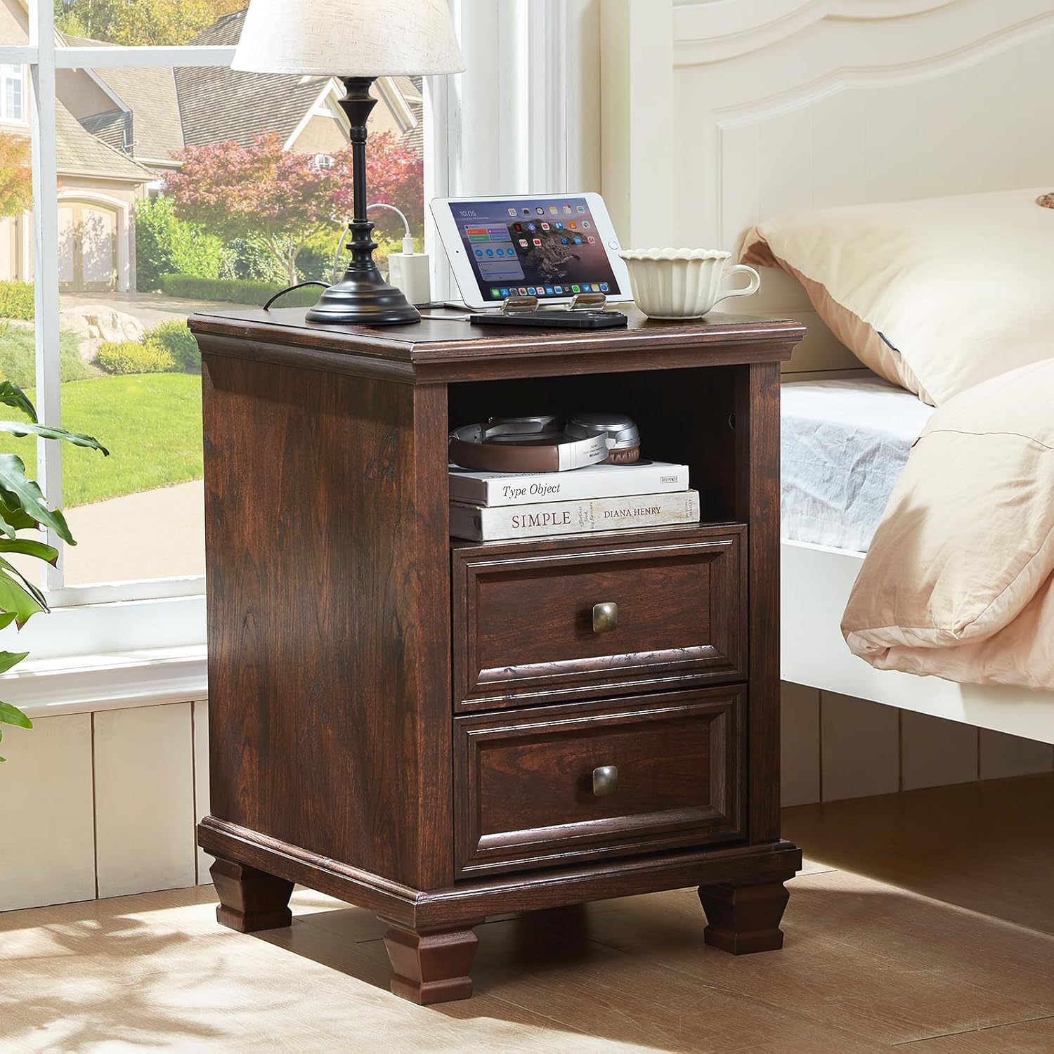 Farmhouse Nightstand Set of 2 with Charging Station, Rustic Brown Nightstand, 2 Drawers End Table, Bedside Table with Open Shelf for Bedroom, Walnut