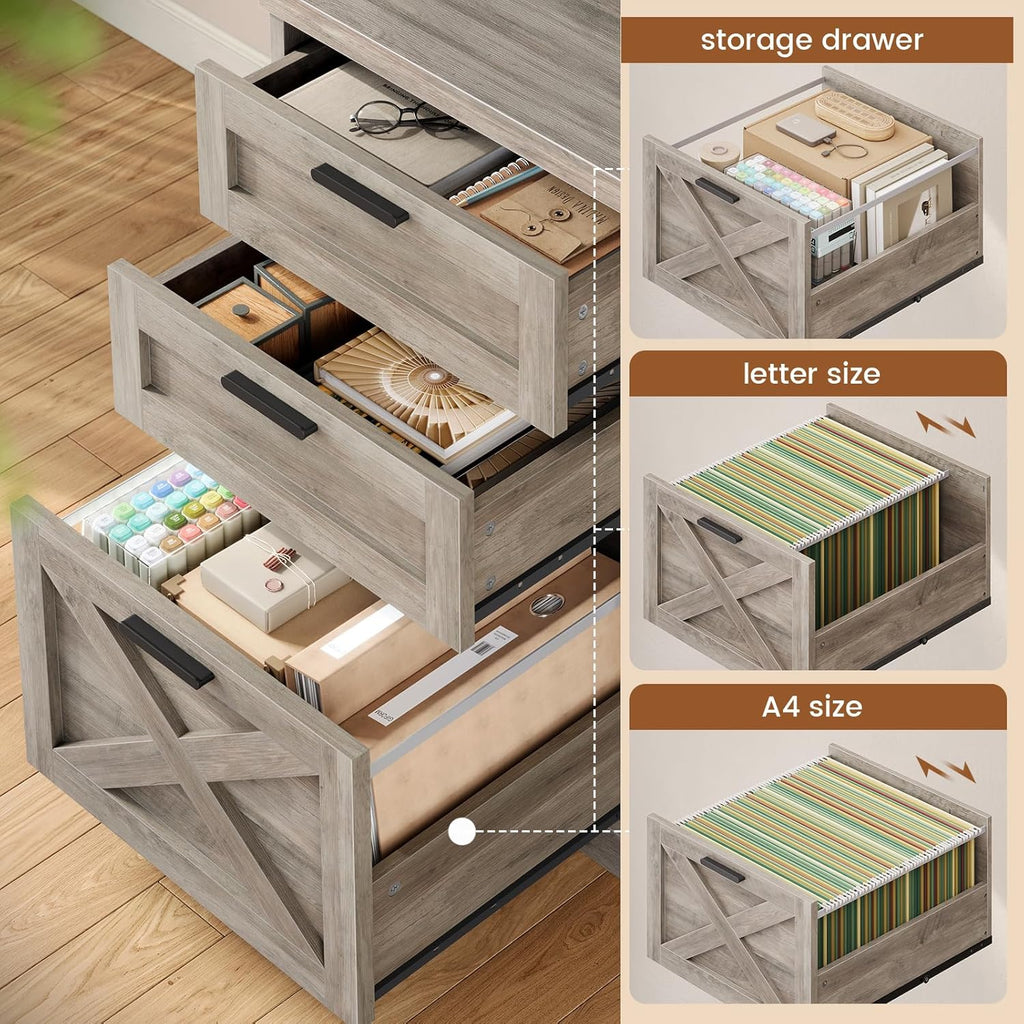 SEDETA Farmhouse 67" L Shaped Desk with 3 Drawers, Executive Desk, Home Office Desks with Storage Shelves, Corner Computer Desk with Power Outlets for Home Office, Grey
