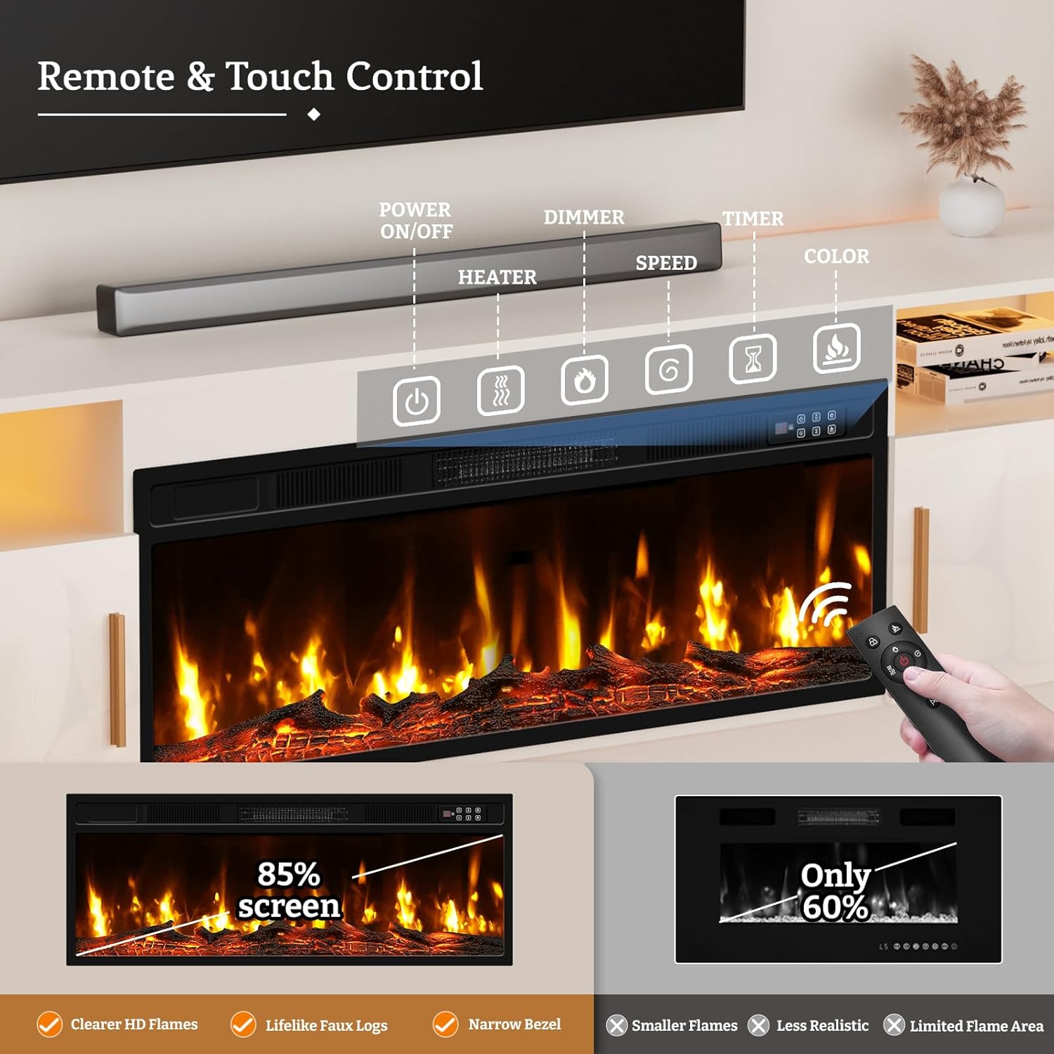 BREEZEHEAT TV Stand with Fireplace-Fireplace TV Stand for 75+ inch TV, LED Entertainment Center for Living Room w/ 36" Fireplace Inserts, TV Console with Cabinet, White