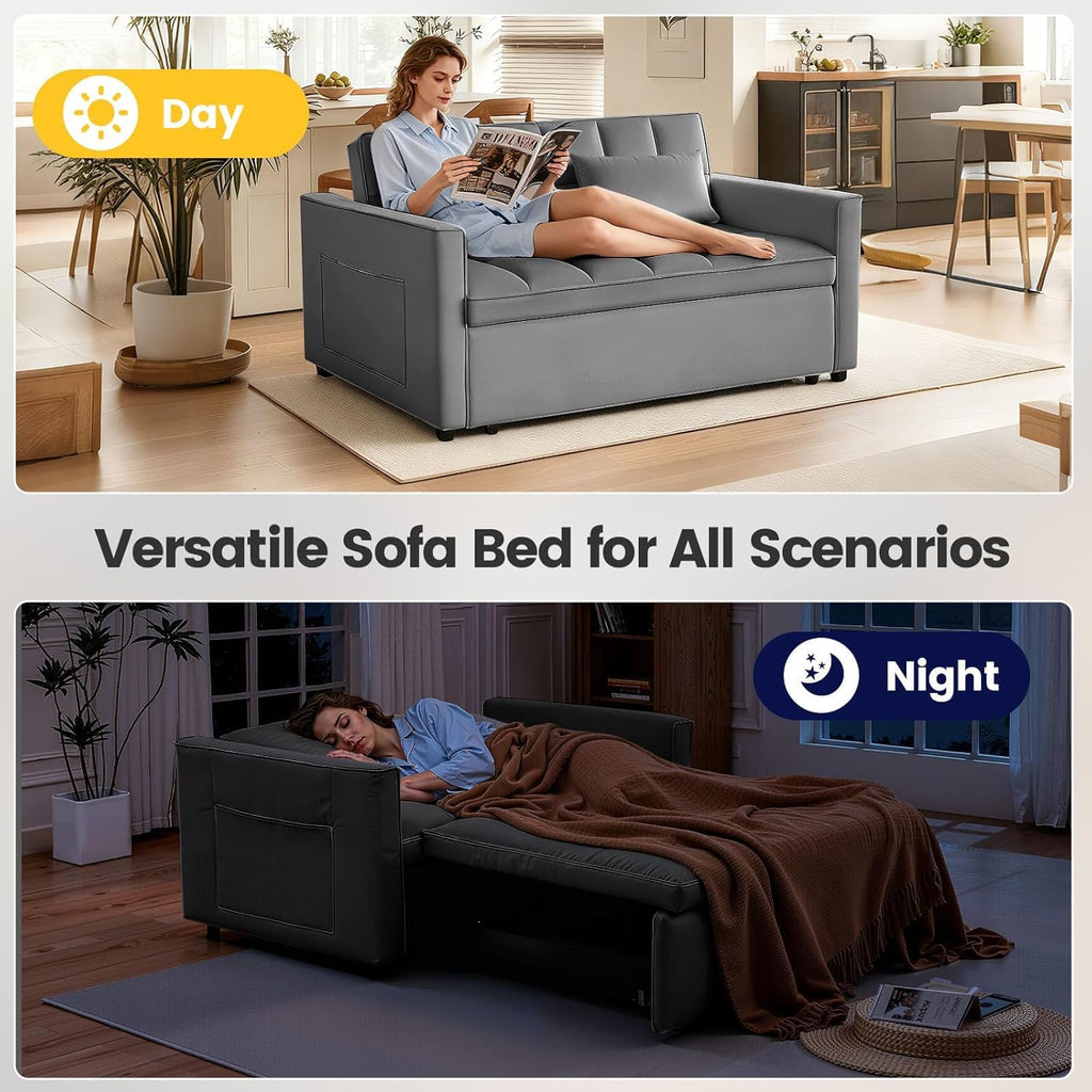Convertible Sofa Bed, Pull Out Couch with Side Pockets, 3 in 1 Velvet Fabric Loveseat Sleeper Sofa Bed, Pull Out Couch with Adjustable Backrest for Living Room, Bedroom, Apartment, Deep Gray
