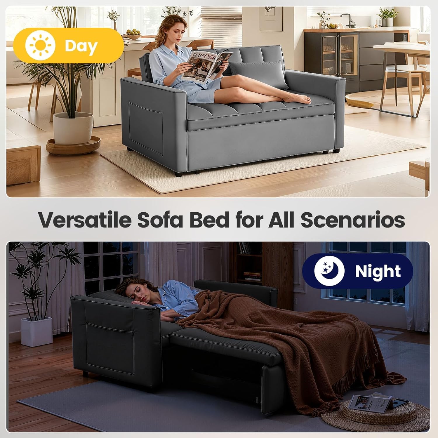 Convertible Sofa Bed, Pull Out Couch with Side Pockets, 3 in 1 Velvet Fabric Loveseat Sleeper Sofa Bed, Pull Out Couch with Adjustable Backrest for Living Room, Bedroom, Apartment, Deep Gray