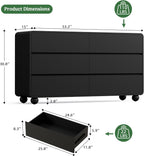 Lulive Wood Dresser for Bedroom, 53” Wide Chest of Drawers with 6 Drawers, Modern Closet Storage Drawer with Curved Profile Design for Living Room, Hallway, Entryway, Black