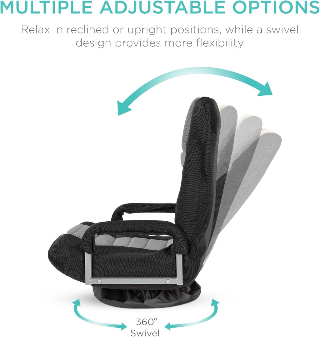 Best Choice Products Swivel Gaming Chair 360 Degree Multipurpose Floor Chair Rocker for TV, Reading, Playing Video Games w/Lumbar Support, Armrest Handles, Adjustable Foldable Backrest - Black/Gray