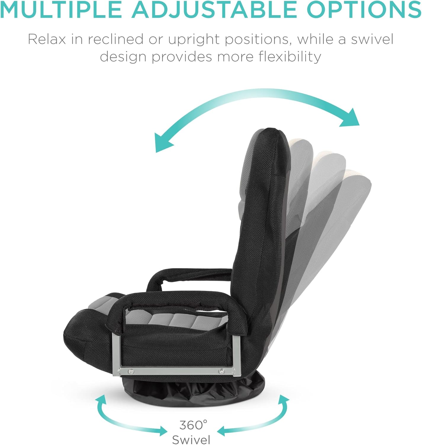 Best Choice Products Swivel Gaming Chair 360 Degree Multipurpose Floor Chair Rocker for TV, Reading, Playing Video Games w/Lumbar Support, Armrest Handles, Adjustable Foldable Backrest - Black/Gray