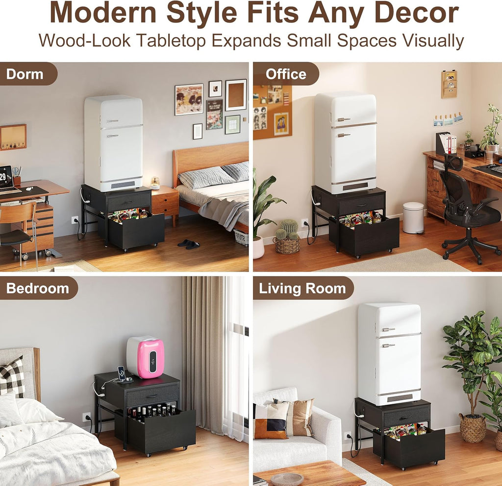Mini Fridge Stand Cabinet Table Station With Storage Drawers For Dorm Refrigerator To Sit On, Heavy Duty Small Cart With Wheels, Black Office Beverage Shelf and Power Outlet, Sturdy Bedroom Nightstand