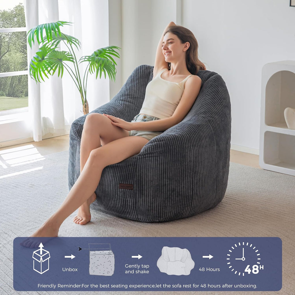 MAXYOYO Bean Bag Chair, Bean Bag Sofa with Filler, Cozy Living Room Chair for Adults and Kids, Stuffed Floor Sofa for Bedroom Dorm Reading, Dark Grey
