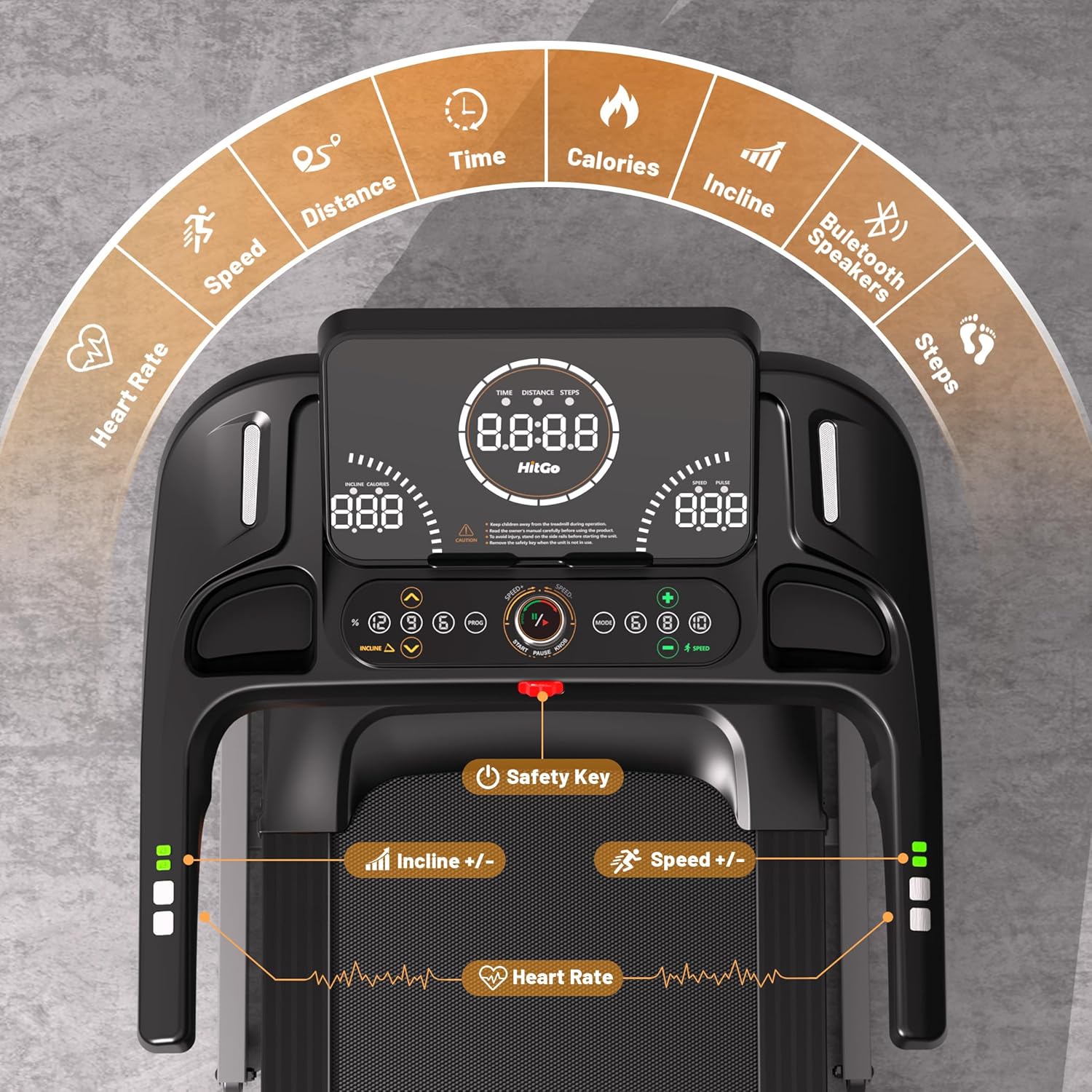 HitGo Treadmill with 15% Auto Incline,10 MPH High Speed Running Machine for Home Gym,Silent Brushless Motor,265lbs Weight Capacity,Air Cushion Shock Absorption,Bluetooth App Kinomap HitGo,Black