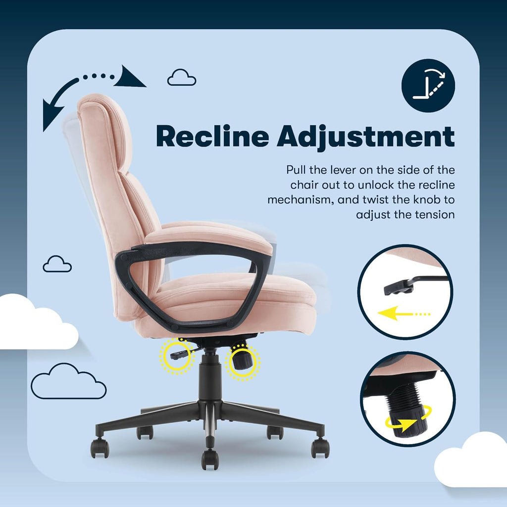 Serta Comfort Ergo Executive Office Chair, Ergonomic Mid-Back Design with Lumbar Support, Semi-Plush Double-Layer Seat Cushion, Padded Armrests, Swivel Metal Base, Soft Velvet, Pink