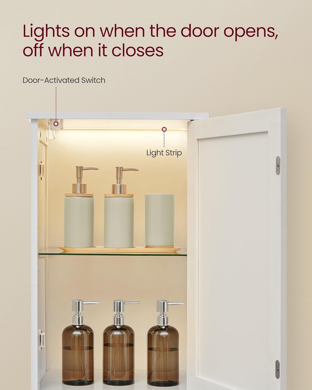 VASAGLE Tall Bathroom Cabinet with Lights, Slim Freestanding Bathroom Storage Cabinet with Adjustable Shelves, for Small Spaces, Modern, 15.7 Inches Wide, Cloud White UBBC766W02