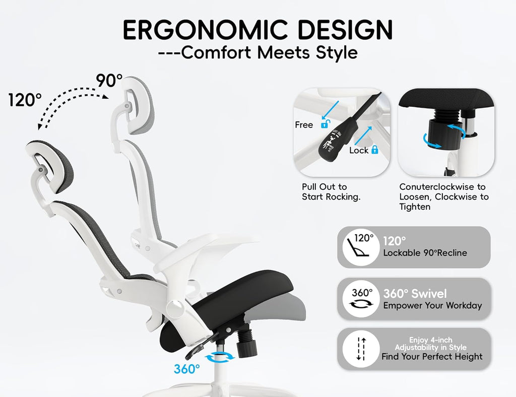 TRALT Office Chair - Ergonomic Office Chair with Back Support, Computer Chair - Home Office Desk Chairs, 330lbs Wide Seat Big and Tall Office Chairs with Headrest, Comfy Desk Chairs (White Black)