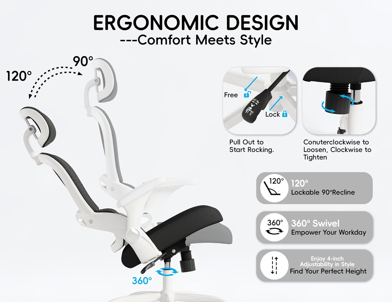 TRALT Office Chair - Ergonomic Office Chair with Back Support, Computer Chair - Home Office Desk Chairs, 330lbs Wide Seat Big and Tall Office Chairs with Headrest, Comfy Desk Chairs (White Black)