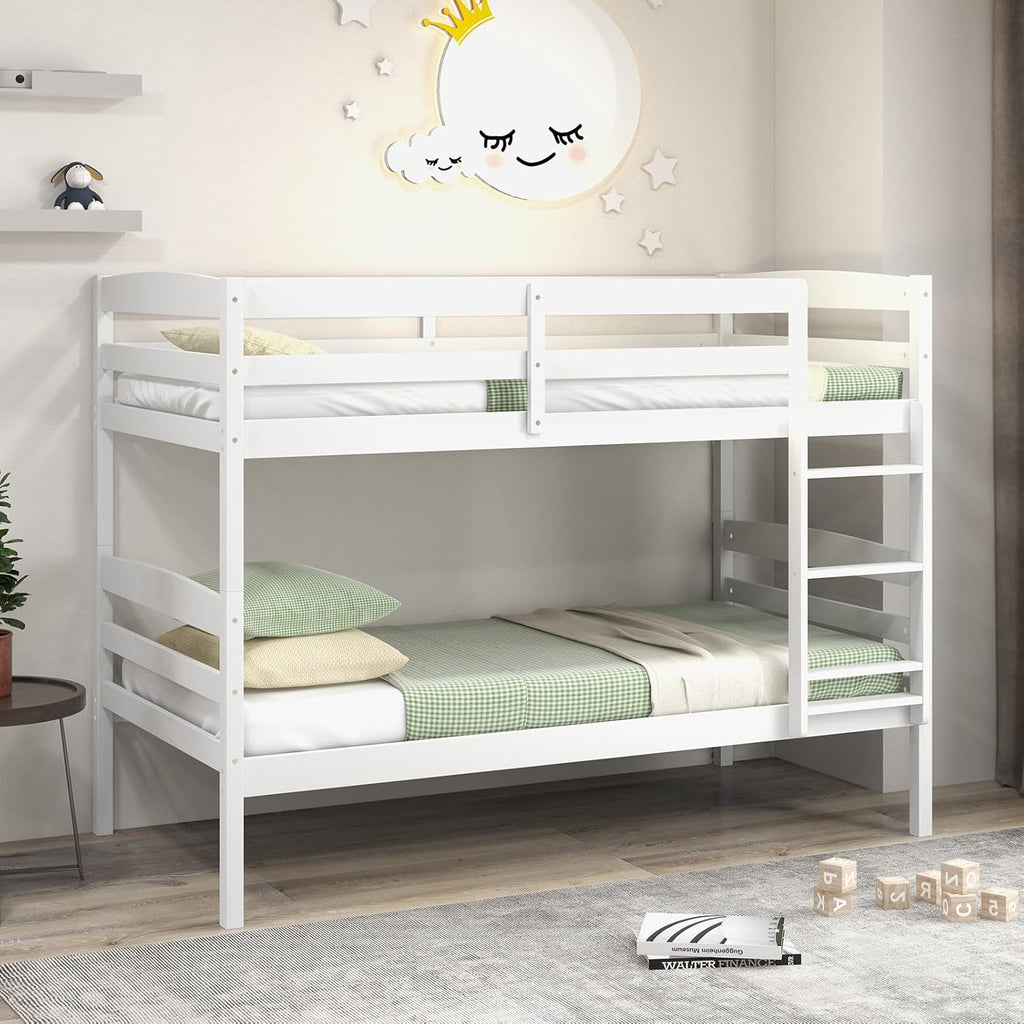 KOMFOTT Bunk Bed Twin Over Twin, Bunk Bed Frame w/Full-Length Guardrail & Integrated Ladder, Wood Bunk Bed for Small Space, Converts to 2 Individual Beds for Kids & Adults, No Box Spring Needed