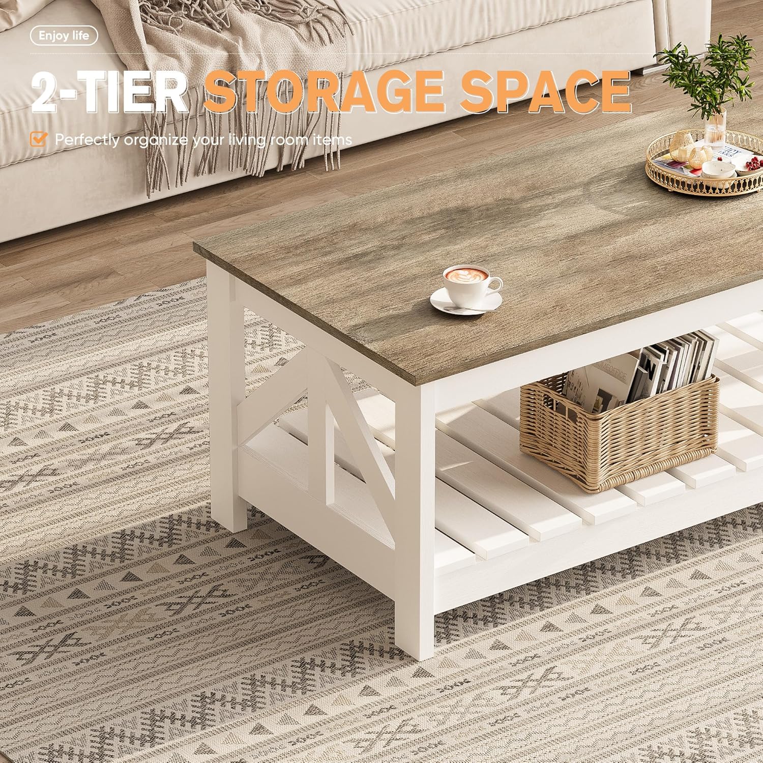 YESHOMY Farmhouse Coffee Table, Coffee Tables for Living Room, Farmhouse Square Coffee Table with Storage, Couch Table, Small Tables for Small Spaces, Gray & White